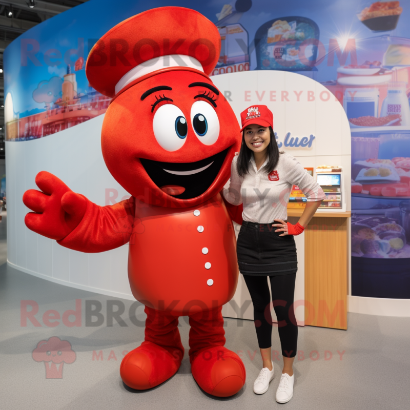 Red Lobster mascot costume character dressed with a Mini Skirt and Caps Red Lobster mascot costume character dressed with a Mini Skirt and Caps