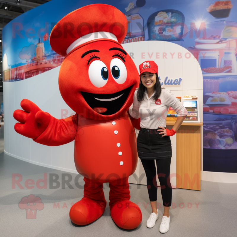 Red Lobster mascot costume character dressed with a Mini Skirt and Caps