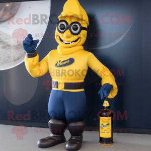 Navy Bottle Of Mustard mascot costume character dressed with a Moto Jacket and Clutch bags