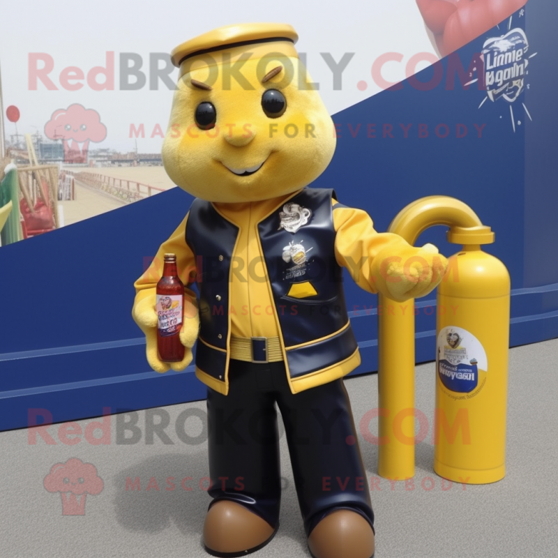 Navy Bottle Of Mustard mascot costume character dressed with a Moto Jacket and Clutch bags