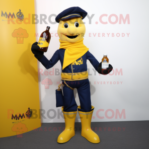 Navy Bottle Of Mustard mascot costume character dressed with a Moto Jacket and Clutch bags
