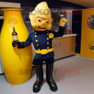 Navy Bottle Of Mustard mascot costume character dressed with a Moto Jacket and Clutch bags