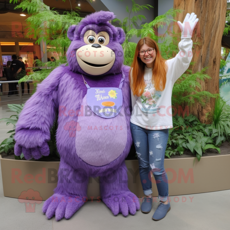 Lavender Orangutan mascot costume character dressed with a Mom Jeans and Brooches Lavender Orangutan mascot costume character dressed with a Mom Jeans and Brooches