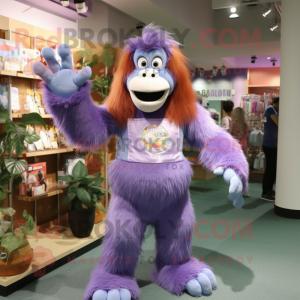 Lavender Orangutan mascot costume character dressed with a Mom Jeans and Brooches