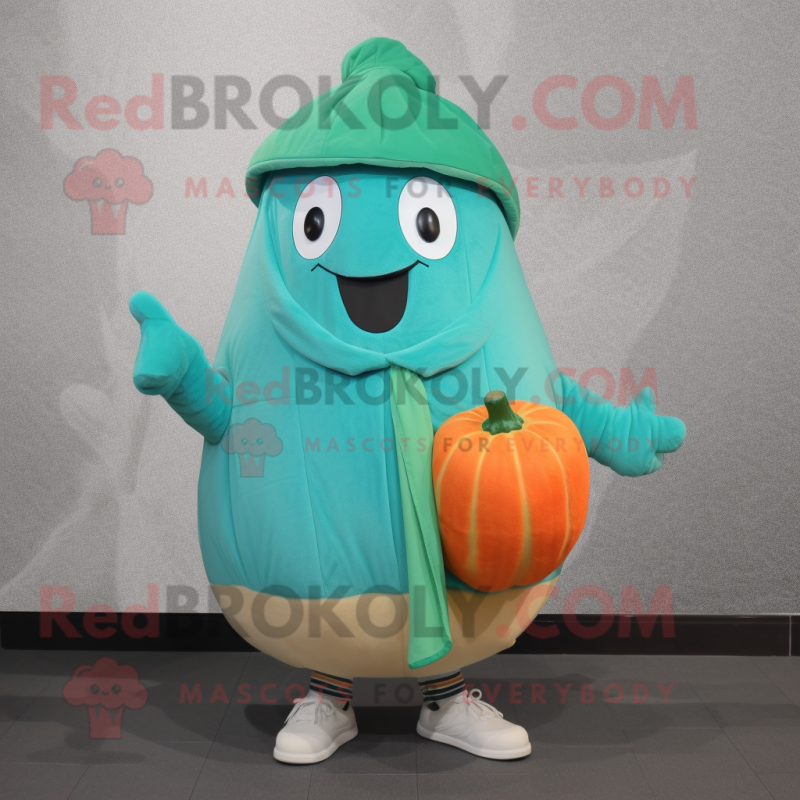 Teal Melon mascot costume character dressed with a Coat and Beanies