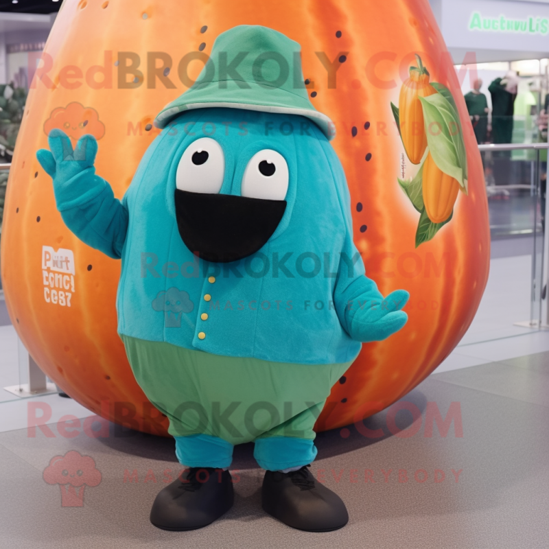 Teal Melon mascot costume character dressed with a Coat and Beanies