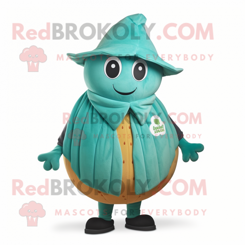 Teal Melon mascot costume character dressed with a Coat and Beanies