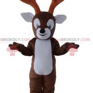 Brown and white reindeer mascot with large antlers -