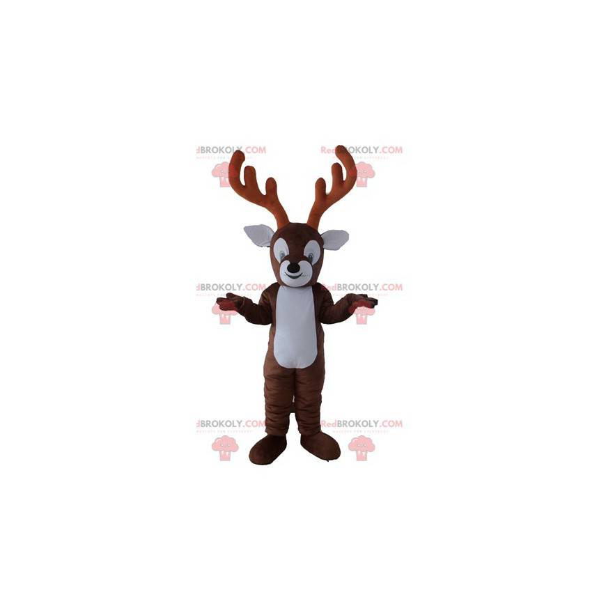 Brown and white reindeer mascot with large antlers -