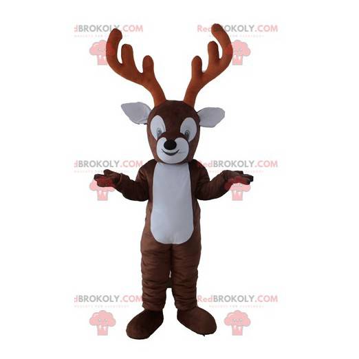 Brown and white reindeer mascot with large antlers -