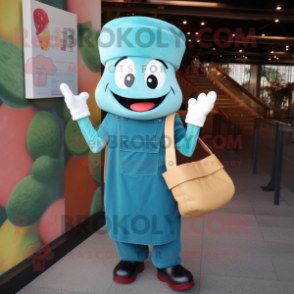 Teal Ramen mascot costume character dressed with a Overalls and Clutch bags