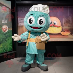 Teal Ramen mascot costume character dressed with a Overalls and Clutch bags