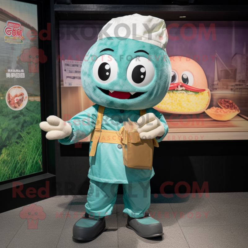 Teal Ramen mascot costume character dressed with a Overalls and Clutch bags Teal Ramen mascot costume character dressed with a Overalls and Clutch bags