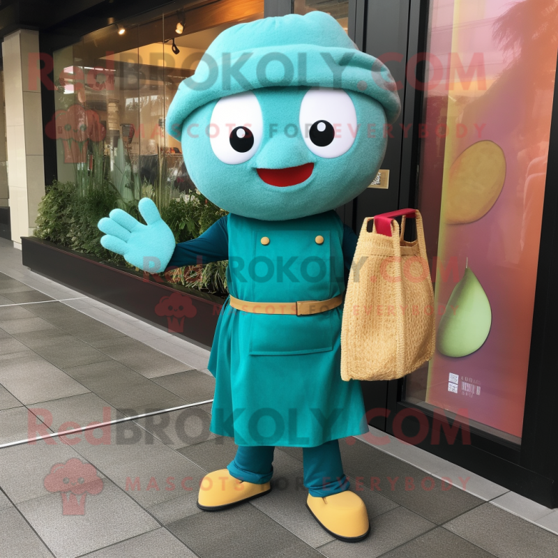 Teal Ramen mascot costume character dressed with a Overalls and Clutch bags