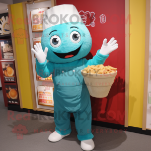 Teal Ramen mascot costume character dressed with a Overalls and Clutch bags