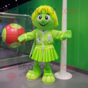 Lime Green Volleyball Ball mascot costume character dressed with a Raincoat and Hair clips