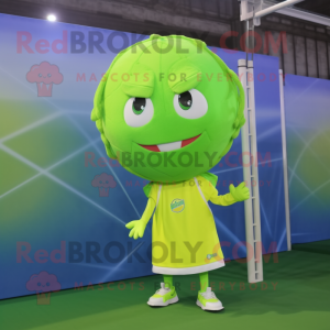 Lime Green Volleyball Ball mascot costume character dressed with a Raincoat and Hair clips