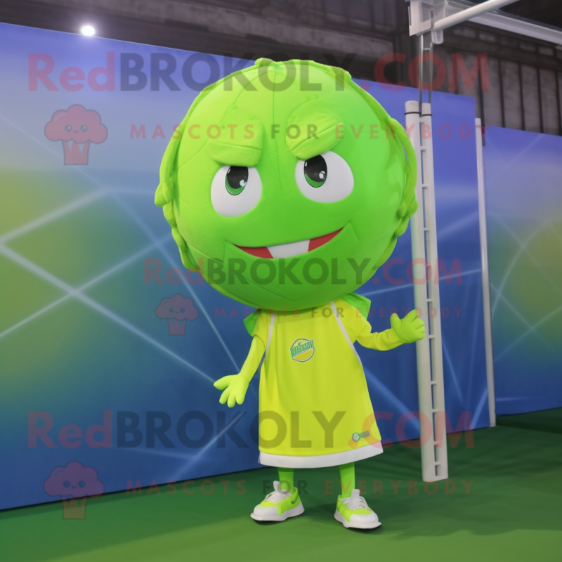 Lime Green Volleyball Ball mascot costume character dressed with a Raincoat and Hair clips