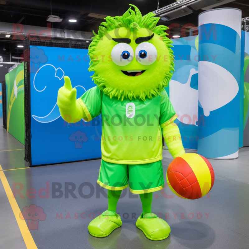 Lime Green Volleyball Ball mascot costume character dressed with a Raincoat and Hair clips