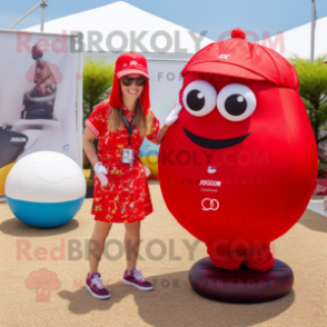 Red Petanque Ball mascot costume character dressed with a Bikini and Caps
