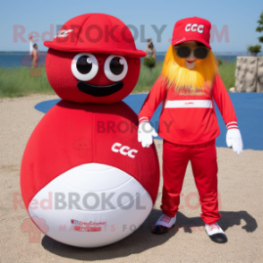 Red Petanque Ball mascot costume character dressed with a Bikini and Caps