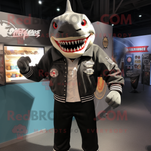 Black Megalodon mascot costume character dressed with a Bomber Jacket and Cufflinks
