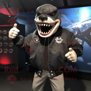 Black Megalodon mascot costume character dressed with a Bomber Jacket and Cufflinks