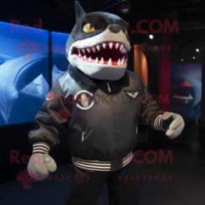 Black Megalodon mascot costume character dressed with a Bomber Jacket and Cufflinks