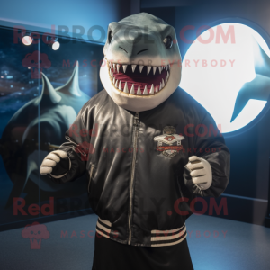 Black Megalodon mascot costume character dressed with a Bomber Jacket and Cufflinks