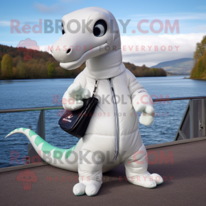 White Loch Ness Monster mascot costume character dressed with a Leather Jacket and Clutch bags