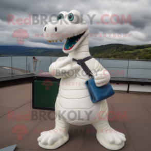 White Loch Ness Monster mascot costume character dressed with a Leather Jacket and Clutch bags