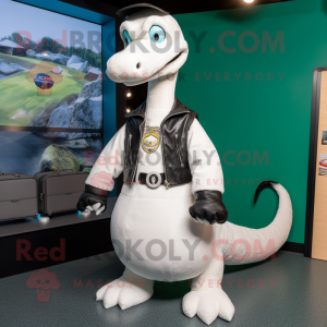 White Loch Ness Monster mascot costume character dressed with a Leather Jacket and Clutch bags