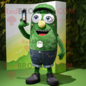 Forest Green Phone mascot costume character dressed with a Denim Shorts and Coin purses