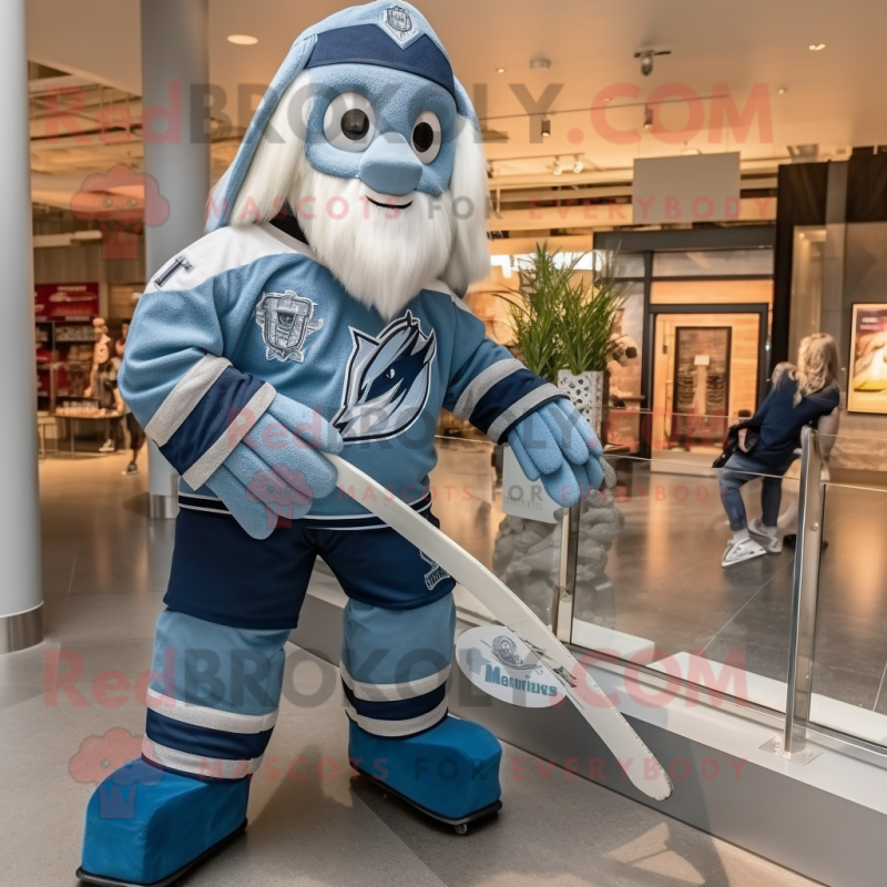 Silver Ice Hockey Stick mascot costume character dressed with a Chambray Shirt and Coin purses