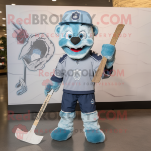 Silver Ice Hockey Stick mascot costume character dressed with a Chambray Shirt and Coin purses