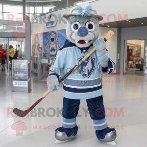 Silver Ice Hockey Stick mascot costume character dressed with a Chambray Shirt and Coin purses