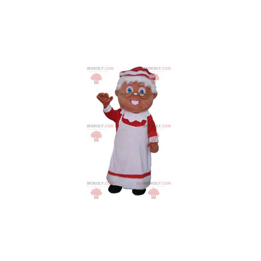 Mascot Mrs. Claus dressed in a red and white dress -
