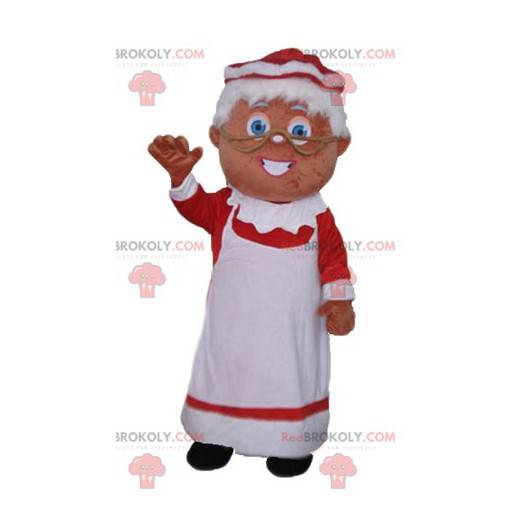 Mascotte de Mère-Noël habillée d'une robe rouge et blanche -