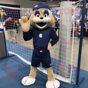 Navy Volleyball Net mascot costume character dressed with a Hoodie and Messenger bags