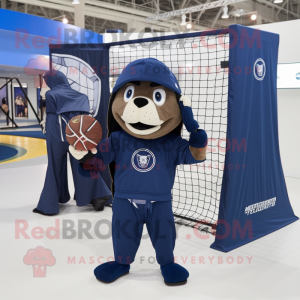Navy Volleyball Net mascot costume character dressed with a Hoodie and Messenger bags