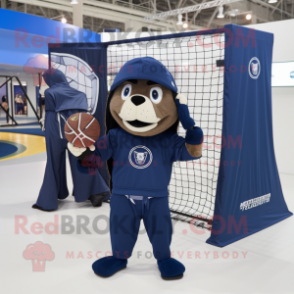 Navy Volleyball Net mascot costume character dressed with a Hoodie and Messenger bags