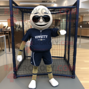 Navy Volleyball Net mascot costume character dressed with a Hoodie and Messenger bags