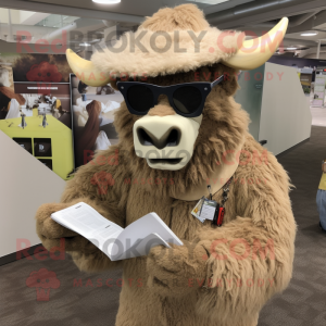 Beige Bison mascot costume character dressed with a Cover-up and Reading glasses