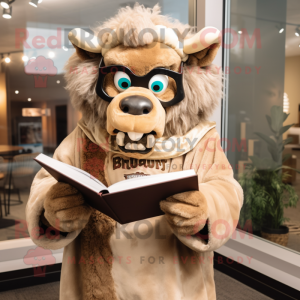 Beige Bison mascot costume character dressed with a Cover-up and Reading glasses