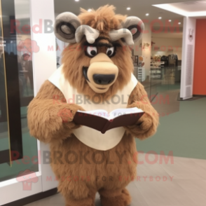 Beige Bison mascot costume character dressed with a Cover-up and Reading glasses