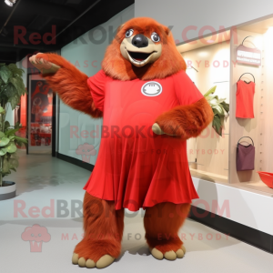 Red Giant Sloth mascot costume character dressed with a Sheath Dress and Shoe clips