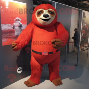 Red Giant Sloth mascot costume character dressed with a Sheath Dress and Shoe clips