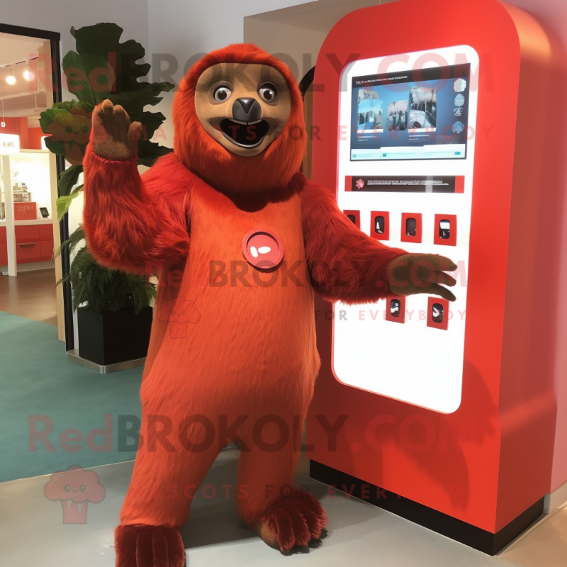 Red Giant Sloth mascot costume character dressed with a Sheath Dress and Shoe clips Red Giant Sloth mascot costume character dressed with a Sheath Dress and Shoe clips