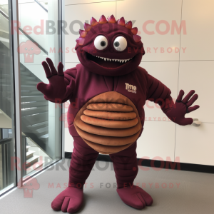 Maroon Trilobite mascot costume character dressed with a One-Piece Swimsuit and Gloves