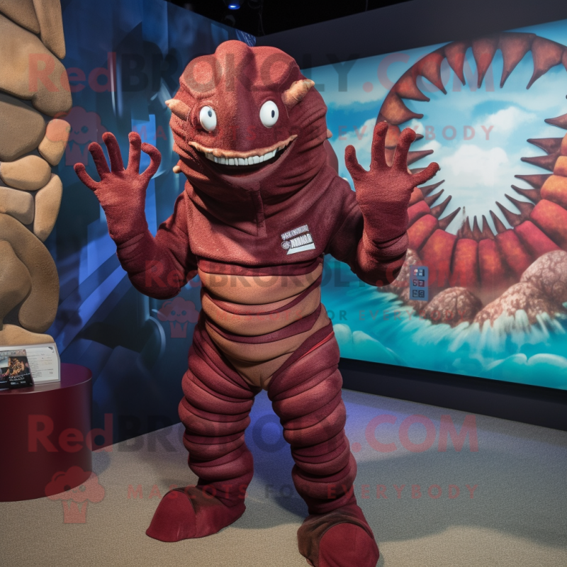 Maroon Trilobite mascot costume character dressed with a One-Piece Swimsuit and Gloves